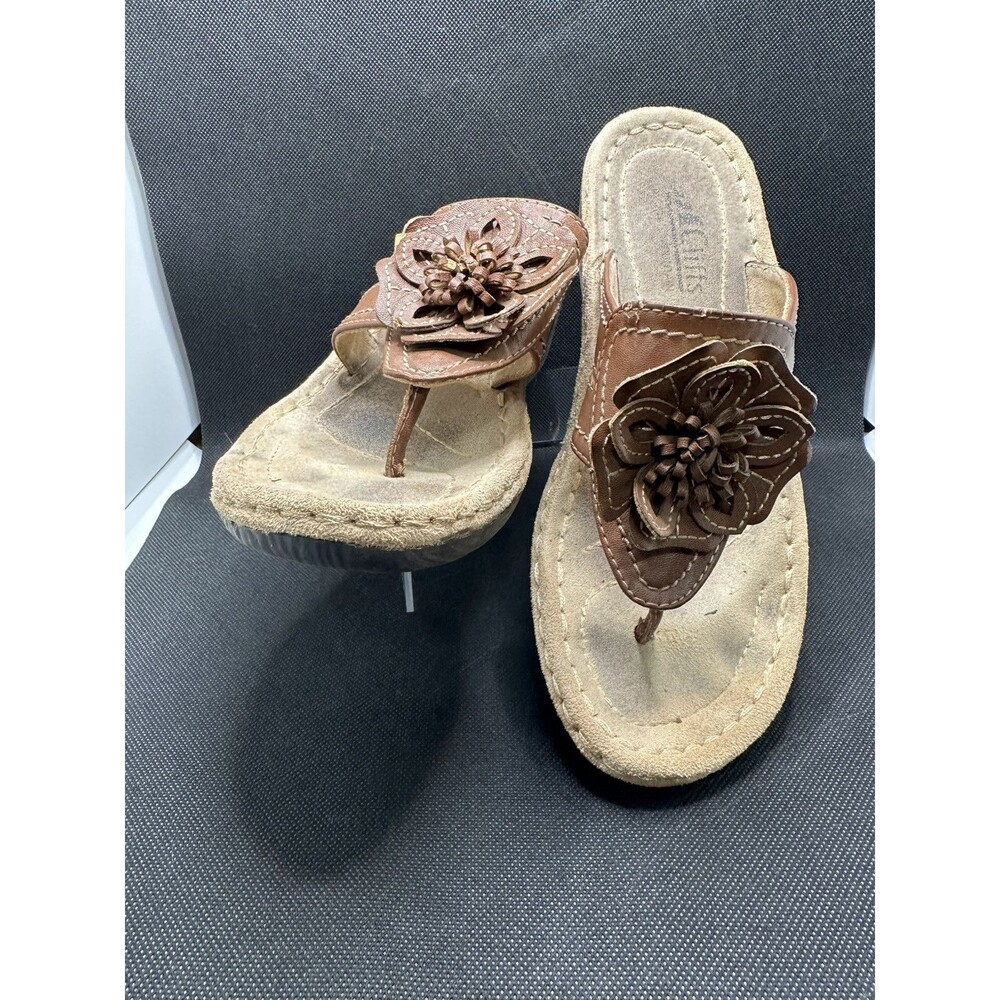 Cliffs By White Mountain “Ophelia” Thong Wedge Sandals Brown Flower Women’s 6.5M